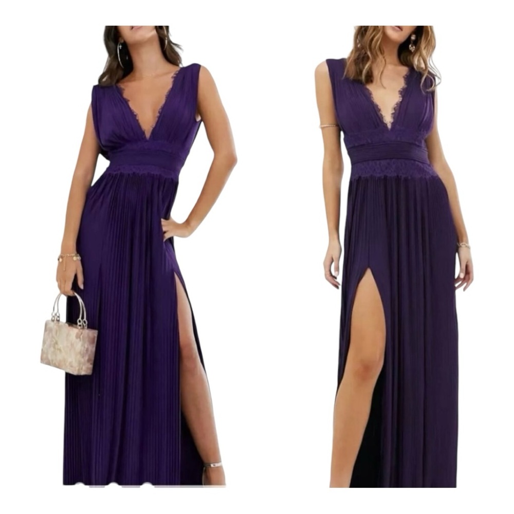 ASOS Dark Purple Pleated Maxi Dress Size 4 V Neck Lace Prom Wedding Guest Slits - Picture 16 of 16